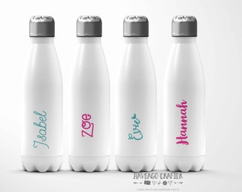 Personalised insulated stainless steel water bottle 500ml / 17oz in white, pink or turquoise