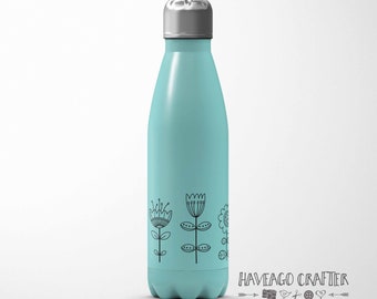 Doodle flower insulated stainless steel water bottle 500ml / 17oz in white, pink or turquoise - option for personalisation