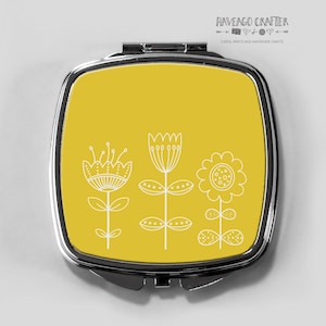 Floral doodles compact pocket mirror in mustard yellow, midcentury modern style