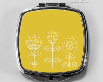 Floral doodles compact pocket mirror in mustard yellow, midcentury modern style