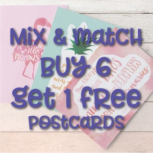 Postkaarten - mix & overeenkomen met, koopt 6 krijgt 1 gratis. Ananas, unicorn, gefeliciteerd, geweldig, dank u, vriendelijke hart, flamingo, koffie, held enz.
