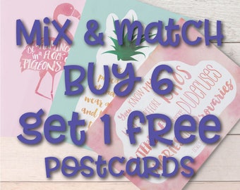 Postcards - mix & match, buy 6 get 1 free. Pineapple, unicorn, congratulations, awesome, thank you, kind heart, flamingo, coffee, hero etc.