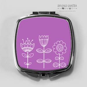 Floral doodles compact pocket mirror in lilac purple, midcentury modern style