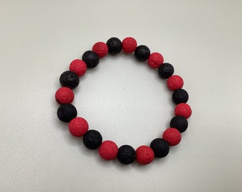 Handmade 8mm black & red lava stone “buffalo plaid” bracelet  6 1/2”