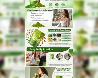 Greens Powder A+ Content Template | Superfood Supplement Amazon Listing Design | Editable Canva Template Bundle 5 pages