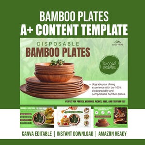 May include: A stack of brown bamboo plates and bowls with text reading DISPOSABLE BAMBOO PLATES, 100% ORGANIC, and additional promotional text. The image includes smaller inset graphics showing food on plates and sustainability icons on a green background.