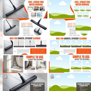 May include: A black squeegee with a long handle, designed for smooth and efficient cleaning. The image highlights features like streak-free water removal and ease of use on multiple surfaces, including bathroom tiles and shower glass.
