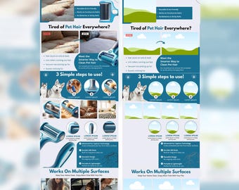 Rodillo reutilizable para quitar pelos de mascotas. Contenido A+, plantilla editable, CANVA 5 páginas.
