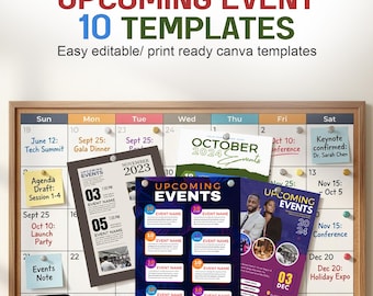 May include: A collection of 10 editable event templates displayed on a wall calendar with push pins. The templates feature text including UPCOMING EVENT 10 TEMPLATES, OCTOBER 2024, and UPCOMING EVENTS. A smartphone and tablet show digital versions.
