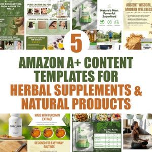 Op de afbeelding: Een promotieafbeelding met Amazon A+ content templates voor kruidensupplementen en natuurlijke producten. De afbeelding toont verschillende productadvertenties, waaronder rozemarijnolie, ricinusolie, moringa en ashwagandha poeder, met tekst die hun voordelen en kwaliteit benadrukt.