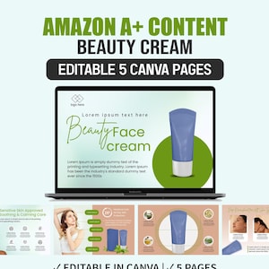 Puede incluir: Una plantilla digital para contenido Amazon A+ con cinco páginas Canva editables para crema de belleza. La pantalla principal muestra un portátil con un tubo de crema azul, el texto Beauty Face cream y texto de relleno sobre fondo claro.