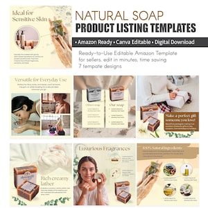 May include: A digital marketing template set for natural soap product listings, featuring seven editable designs with text, product photography of soap bars, lather, and lifestyle imagery, presented in a grid layout for e-commerce platforms.