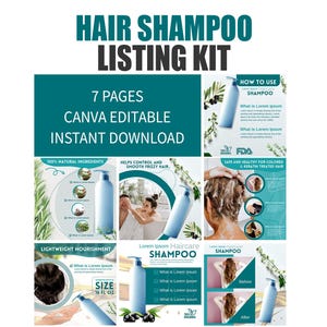 May include: A digital hair shampoo listing kit with seven Canva-editable pages. The design includes images of shampoo bottles, text, and graphics highlighting natural ingredients, frizz control, and lightweight nourishment. Available for instant download.