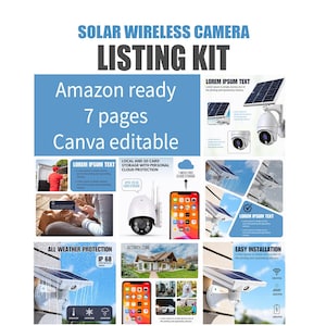 May include: A digital listing kit for a solar wireless camera featuring seven Canva-editable pages. The graphics display a white dome security camera with a solar panel, smartphone app interface, IP68 weather rating, and cloud storage icons.
