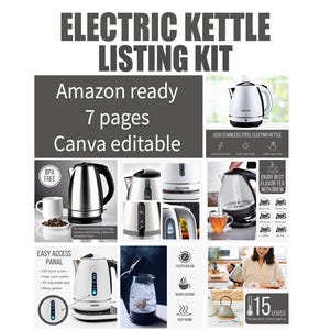 Puede incluir: Un kit de marketing digital para hervidores eléctricos con siete páginas editables en Canva. El diseño muestra varios hervidores de acero inoxidable y vidrio, paneles de control táctiles, ajustes de temperatura e iconos de ebullición.