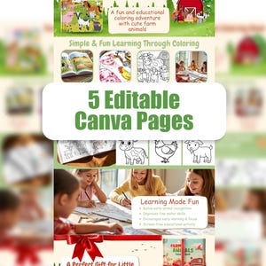 Farm Animals Coloring Book Amazon A+ Content Canva Template, Kids Book A+ Design, Editable 5 pages