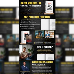 May include: A promotional graphic for a self-help book titled "MEN SELF HELP BOOK MOCKUP". The graphic features the book cover, key topics, and author information. The design is dark with white and yellow text.