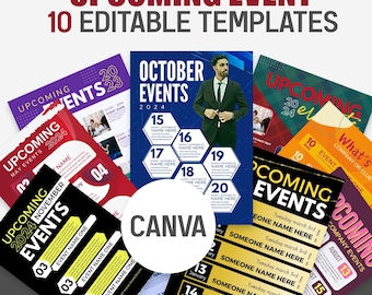 May include: A collection of ten editable event flyer templates featuring various color schemes and layouts. The designs include bold text such as UPCOMING EVENT, OCTOBER EVENTS, and CANVA, with placeholders for dates, names, and event details.