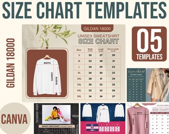 Editable GILDAN 18000 size chart templates, 5 gildan 18000 size chart editable, Sweatshirt Oversized Size Chart, GILDAN Size Chart CANVA