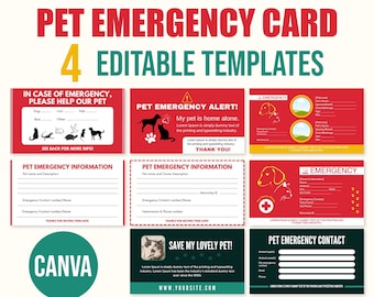 Cartes de visite en cas d'urgence pour animal de compagnie, modèles pour animal de compagnie seul à la maison, carte d'identité d'urgence pour animaux de compagnie à la maison, carte d'urgence modifiable pour animal de compagnie, carte de sauvetage d'animal de compagnie, CANVA