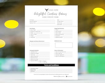 May include: A black and white cake order form with the title "Delightful Creations Bakery". The form includes sections for customer information, cake details, design specifications, pricing and payment, order confirmation, and terms and conditions.