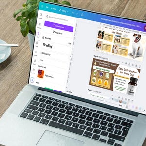 May include: A laptop displaying a design project for a dog supplement product. The screen shows a layout with images of dogs and product information. A cup of coffee and a plant are on the wooden desk.