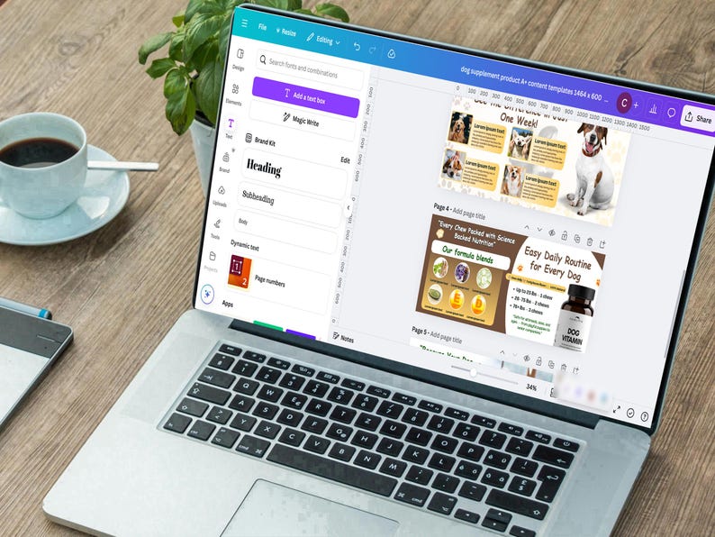 May include: A laptop displaying a design project for a dog supplement product. The screen shows a layout with images of dogs and product information. A cup of coffee and a plant are on the wooden desk.