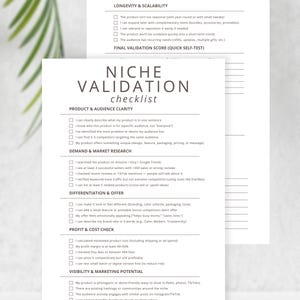 May include: A white checklist titled "NICHE VALIDATION" with sections on product, audience, demand, research, differentiation, profit, and marketing. The checklist includes checkboxes and prompts for business analysis.