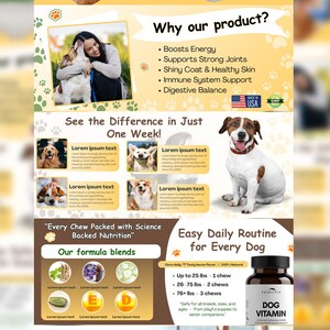 May include: A promotional graphic for dog vitamins. The image features a dog, a bottle of vitamins, and text highlighting product benefits like energy boost and joint support. The text also mentions the product is safe for all breeds and ages.