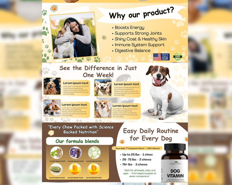May include: A promotional graphic for dog vitamins. The image features a dog, a bottle of vitamins, and text highlighting product benefits like energy boost and joint support. The text also mentions the product is safe for all breeds and ages.