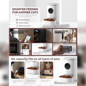 Peut inclure: Un distributeur automatique de nourriture pour animaux de compagnie blanc avec un bol rempli de nourriture s&egrave;che. Le distributeur a un design circulaire et le texte "SMARTER FEEDING FOR HAPPIER CATS" est affich&eacute;. Comprend des repas programm&eacute;s et le contr&ocirc;le des portions.