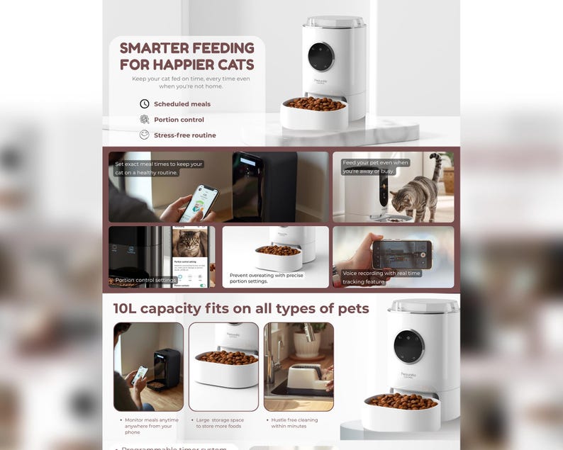 Peut inclure: Un distributeur automatique de nourriture pour animaux de compagnie blanc avec un bol rempli de nourriture s&egrave;che. Le distributeur a un design circulaire et le texte "SMARTER FEEDING FOR HAPPIER CATS" est affich&eacute;. Comprend des repas programm&eacute;s et le contr&ocirc;le des portions.