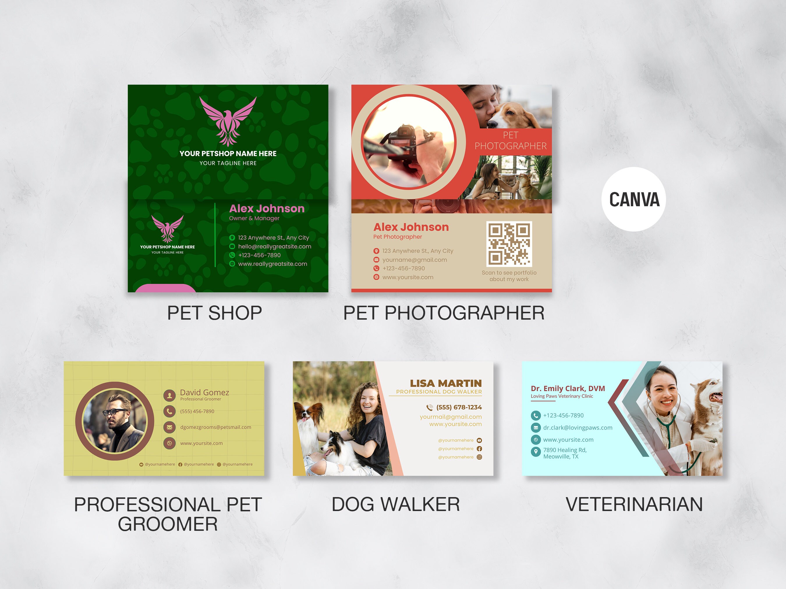 5 of Pet shop Business card, Business card template, Pet groomer, Veterinarian, Pet photographer, Dog Walker Business Card, CANVA, Template