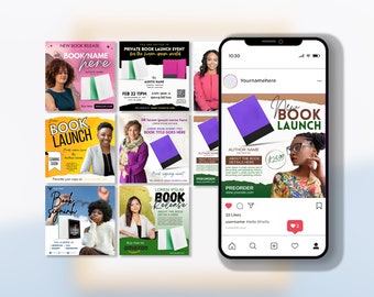 以下が含まれることがあります： 新しい本の発売を宣伝する9つのInstagram投稿のコラージュ。投稿には、著者の写真、本の表紙、本に関するテキストが掲載されています。テキストには、本のタイトル、著者の名前、発売日、本の予約注文への呼びかけが含まれています。