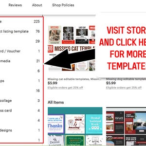 Puede incluir: Captura de pantalla de una p&aacute;gina de la tienda Etsy. El lado izquierdo muestra una lista de categor&iacute;as de art&iacute;culos, incluyendo "En oferta" con 225 art&iacute;culos. Una flecha grande apunta a un cuadro blanco con texto rojo que dice "VISITA LA TIENDA Y HAZ CLIC AQU&Iacute; PARA M&Aacute;S PLANTILLAS."