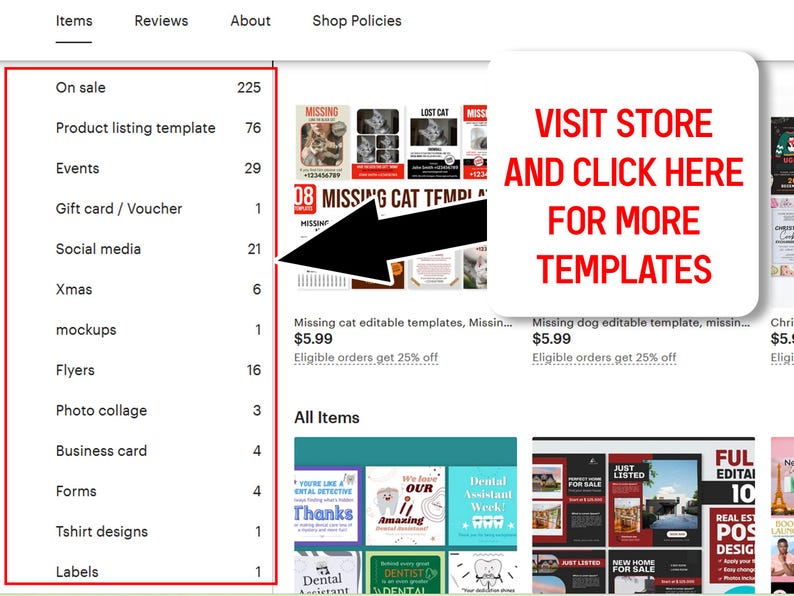 Puede incluir: Captura de pantalla de una p&aacute;gina de la tienda Etsy. El lado izquierdo muestra una lista de categor&iacute;as de art&iacute;culos, incluyendo "En oferta" con 225 art&iacute;culos. Una flecha grande apunta a un cuadro blanco con texto rojo que dice "VISITA LA TIENDA Y HAZ CLIC AQU&Iacute; PARA M&Aacute;S PLANTILLAS."