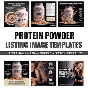 May include: A promotional image for protein powder listing templates. The image features several product shots of protein powder containers, with text overlays highlighting key features and benefits. The text includes "WHEY ISOLATE PRECURSORS" and "2LB JAR - 30 SERVINGS OF HIGH PERFORMANCE PROTEIN."