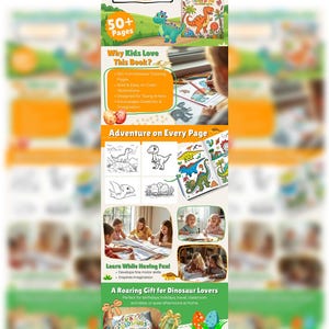 May include: A dinosaur colouring book for kids featuring over 50 pages of illustrations. The cover displays a colourful orange dinosaur and the text Dinosaur Colouring Book. The book includes various black and white dinosaur line drawings for colouring.