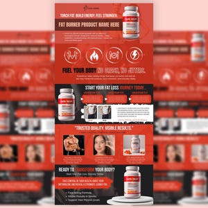 May include: A red and white advertisement for a fat burner product. The ad features a bottle of the product, text, and images of people. The text includes phrases like "Torch Fat" and "Fuel Your Body."