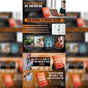 May include: An advertisement for a book titled "Passive Income" with an orange cover. The ad includes text about financial freedom, building systems, and online business. Images of people working on laptops and graphs are also included.