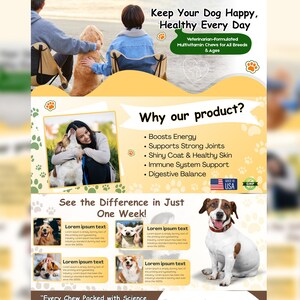 May include: An advertisement for multivitamin chews for dogs. The ad features a dog, people with dogs, and text that reads "Keep Your Dog Happy, Healthy Every Day." It also lists benefits like energy and healthy skin.