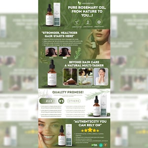 May include: An advertisement for rosemary oil. The image shows a brown glass bottle with a dropper, a white box, and text that reads "Pure Rosemary Oil, From Nature to You!" and "Stronger, Healthier Hair Starts Here".