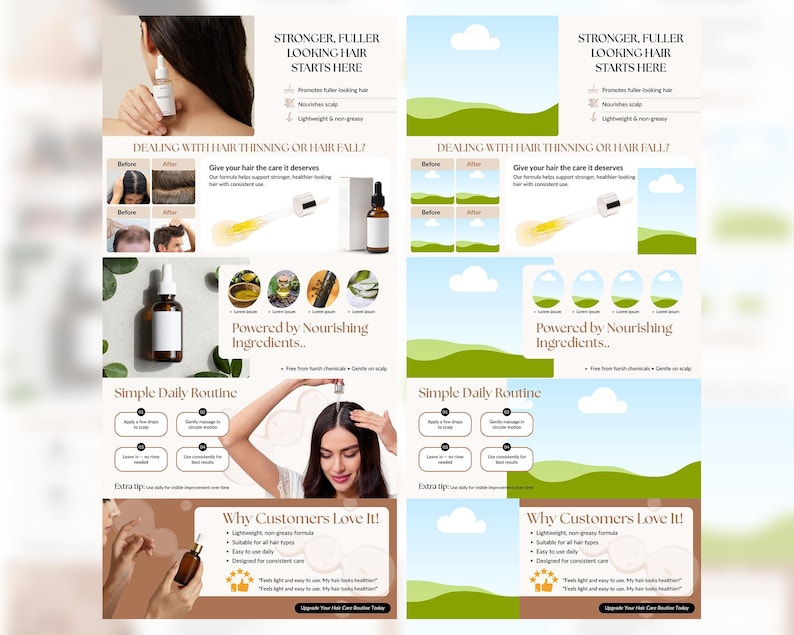 Ready to use fully editable canva A+ content template for amazon hair growth serum sellers. easy to change and time saving quality template design for amazon sellers.
