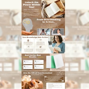 May include: An advertisement with the text "Unlock the Power Within You!" and "From Overthinking to Action." The image includes a book, a person reading, and gift boxes. The ad promotes self-help and personal growth.