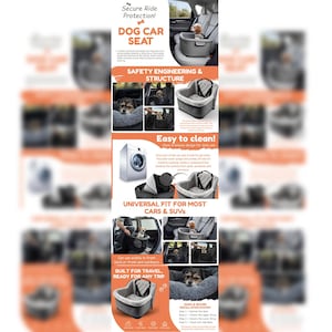Puede incluir: Asiento de coche para perros gris con interior suave, diseñado para la seguridad y la comodidad. La imagen incluye el texto "Secure Ride Protection! DOG CAR SEAT." Texto adicional destaca características como la fácil limpieza y el ajuste universal.