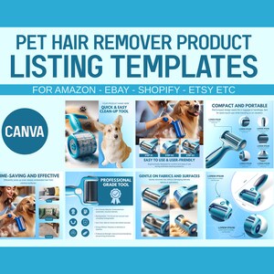 May include: A blue pet hair remover tool with a roller and a handle. The tool is shown in different positions and with a dog in the background. The text "CANVA" is in the top left corner of the image. The text "QUICK & EASY CLEAN-UP TOOL" is in the top right corner of the image. The text "EASY TO USE & USER-FRIENDLY" is in the middle left corner of the image. The text "COMPACT AND PORTABLE" is in the top right corner of the image. The text "TIME-SAVING AND EFFECTIVE" is in the bottom left corner of the image. The text "GENTLE ON FABRICS AND SURFACES" is in the bottom left corner of the image. The text "PROFESSIONAL GRADE TOOL" is in the middle right corner of the image.