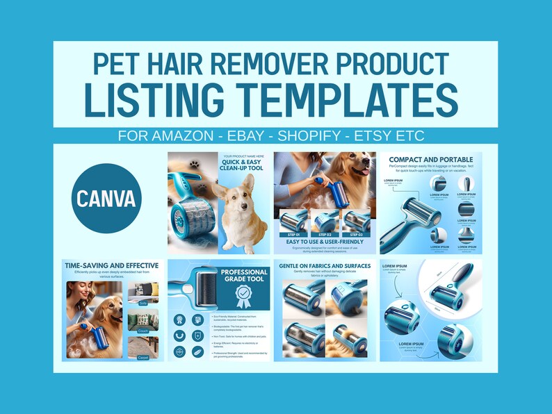 May include: A blue pet hair remover tool with a roller and a handle. The tool is shown in different positions and with a dog in the background. The text "CANVA" is in the top left corner of the image. The text "QUICK & EASY CLEAN-UP TOOL" is in the top right corner of the image. The text "EASY TO USE & USER-FRIENDLY" is in the middle left corner of the image. The text "COMPACT AND PORTABLE" is in the top right corner of the image. The text "TIME-SAVING AND EFFECTIVE" is in the bottom left corner of the image. The text "GENTLE ON FABRICS AND SURFACES" is in the bottom left corner of the image. The text "PROFESSIONAL GRADE TOOL" is in the middle right corner of the image.