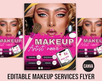 Folleto editable de servicios de maquillaje: Plantilla de Canva (Descarga digital)
