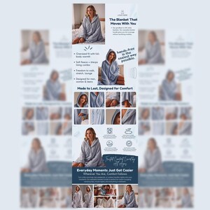 May include: A promotional image for a hooded blanket. The blanket is light grey and has a soft fleece and sherpa lining combo. The text reads "The Blanket That Moves With You" and "Everyday Moments Just Got Cozier".