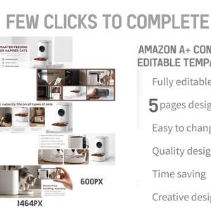 Peut inclure: Un distributeur de nourriture pour animaux de compagnie blanc et beige avec le texte "SMARTER FEEDING FOR HAPPIER CATS" et "10L capacity fits on all types of pets." L'image comprend &eacute;galement le texte "AMAZON A+ CONTENT EDITABLE TEMPALTES" et "5 pages design."